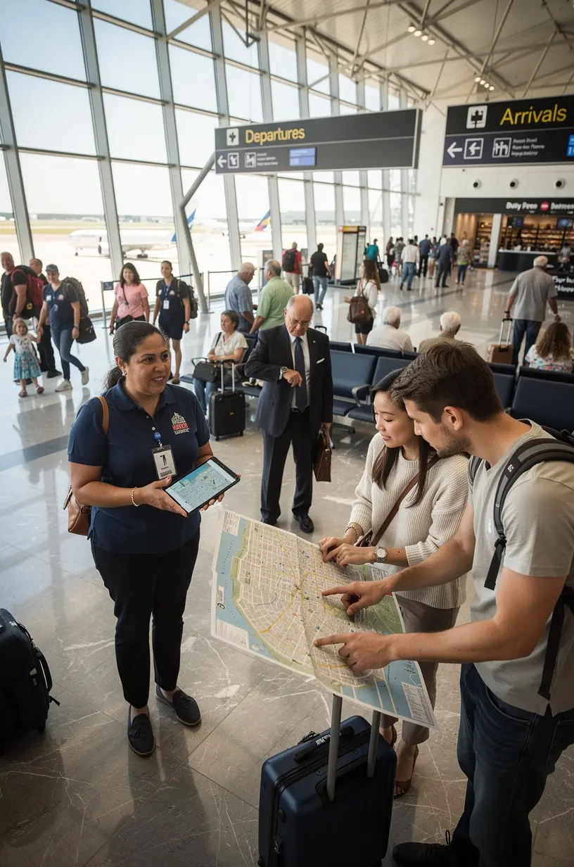 Пассажиры с чемоданами идут по терминалу аэропорта перед началом короткой экскурсии по городу.